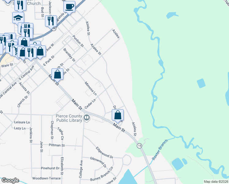 map of restaurants, bars, coffee shops, grocery stores, and more near 802 Azalea Street in Blackshear