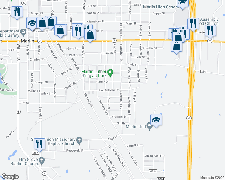 map of restaurants, bars, coffee shops, grocery stores, and more near 699 King Street in Marlin