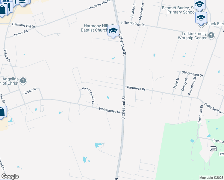 map of restaurants, bars, coffee shops, grocery stores, and more near 1205 Parkman Street in Lufkin