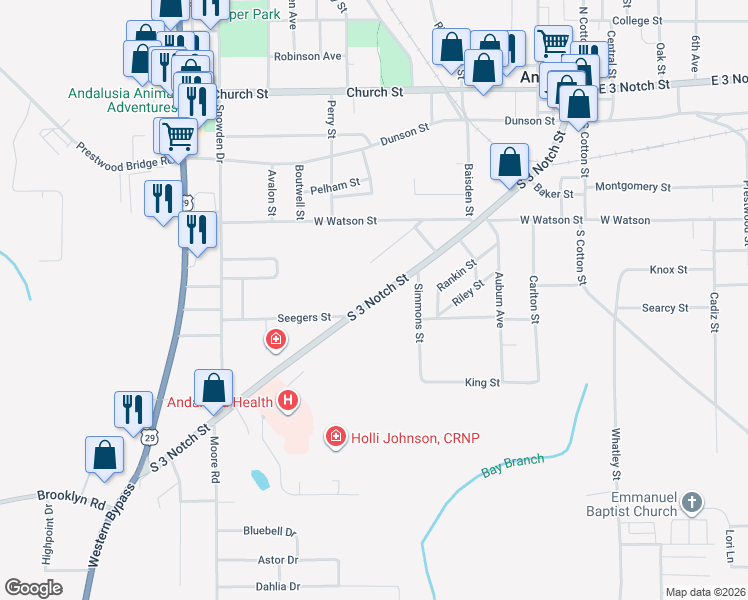 map of restaurants, bars, coffee shops, grocery stores, and more near South 3 Notch Street in Andalusia