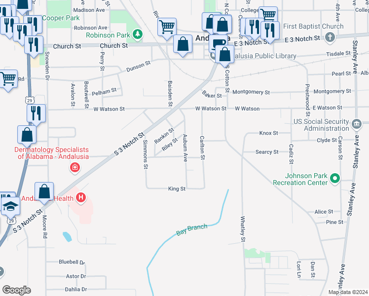 map of restaurants, bars, coffee shops, grocery stores, and more near 616 Auburn Avenue in Andalusia