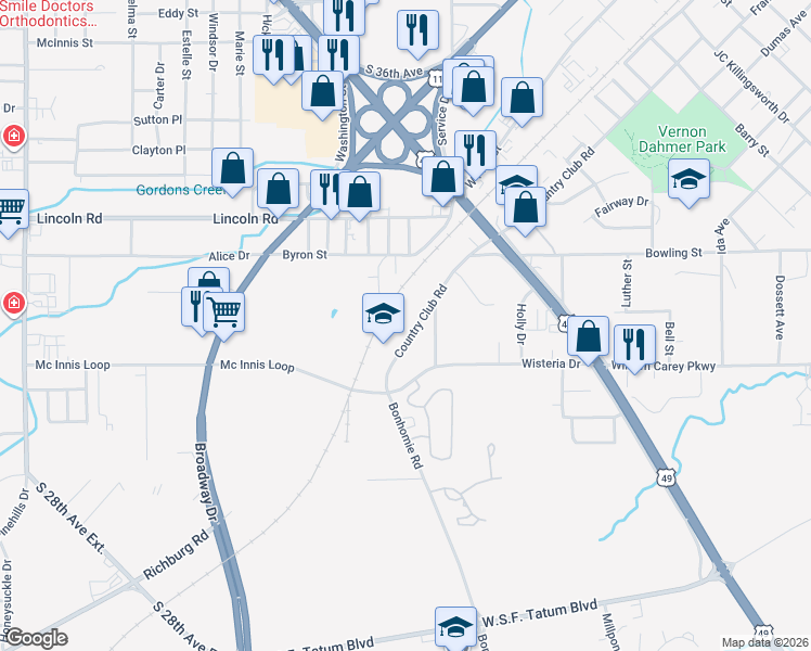 map of restaurants, bars, coffee shops, grocery stores, and more near 1909 Country Club Road in Hattiesburg