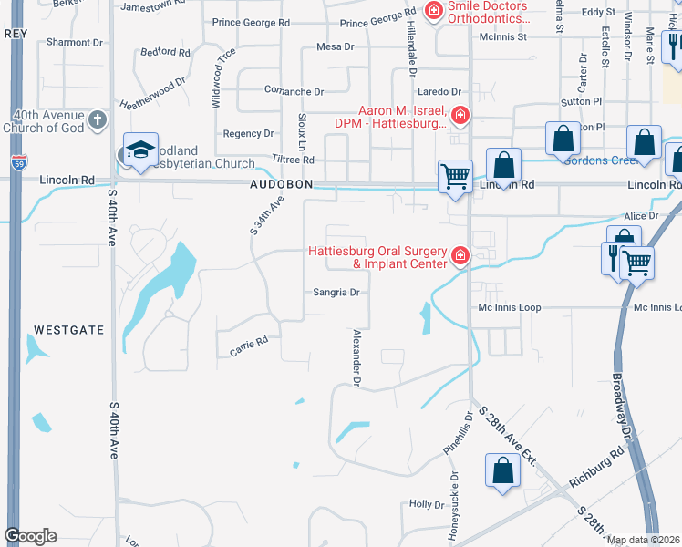 map of restaurants, bars, coffee shops, grocery stores, and more near 108 Candlewick Road in Hattiesburg