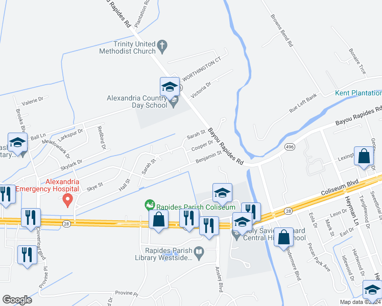 map of restaurants, bars, coffee shops, grocery stores, and more near 5031 Cooper Drive in Alexandria
