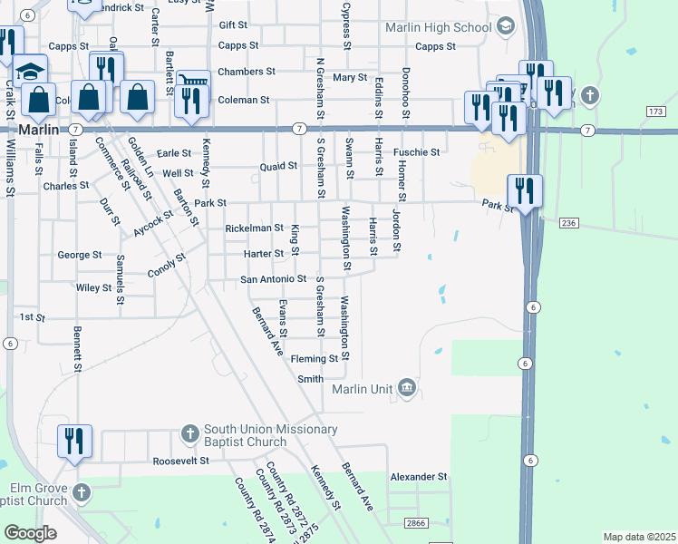 map of restaurants, bars, coffee shops, grocery stores, and more near 705 Washington Street in Marlin