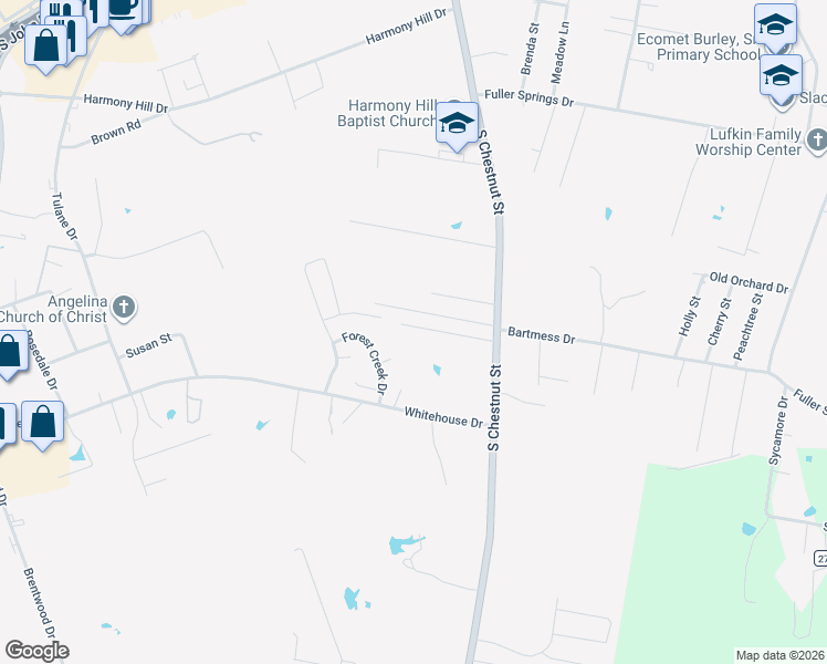 map of restaurants, bars, coffee shops, grocery stores, and more near 1217 Parkman Street in Lufkin