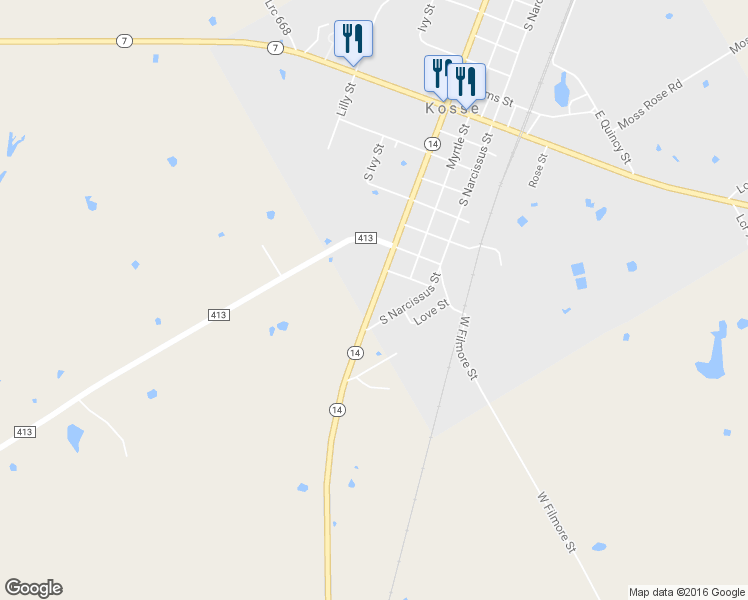 map of restaurants, bars, coffee shops, grocery stores, and more near Texas 14 in Kosse