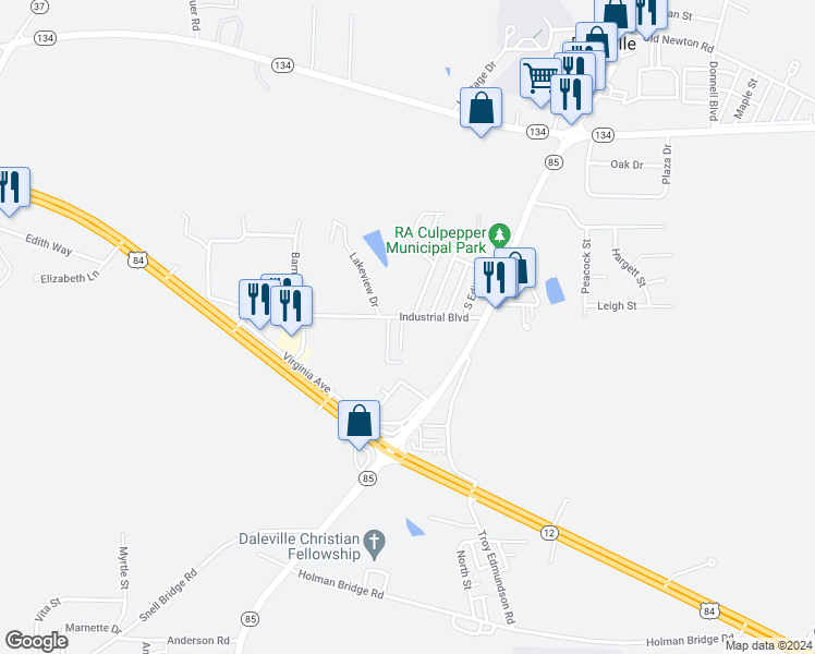 map of restaurants, bars, coffee shops, grocery stores, and more near 109 Brian Court in Daleville