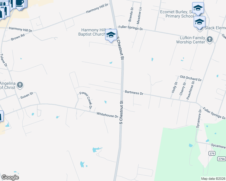 map of restaurants, bars, coffee shops, grocery stores, and more near 1205 Parkman Street in Lufkin