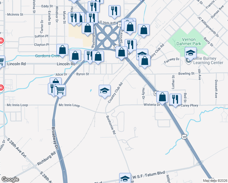 map of restaurants, bars, coffee shops, grocery stores, and more near 1909 Country Club Road in Hattiesburg