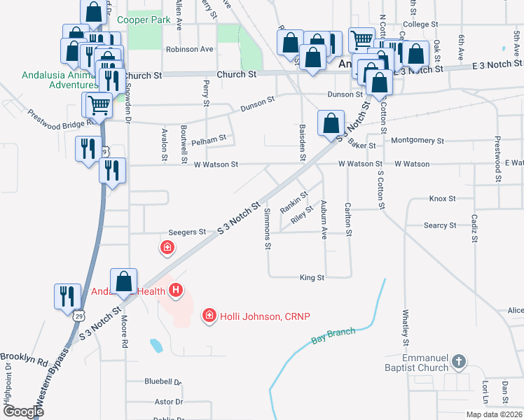 map of restaurants, bars, coffee shops, grocery stores, and more near South 3 Notch Street in Andalusia
