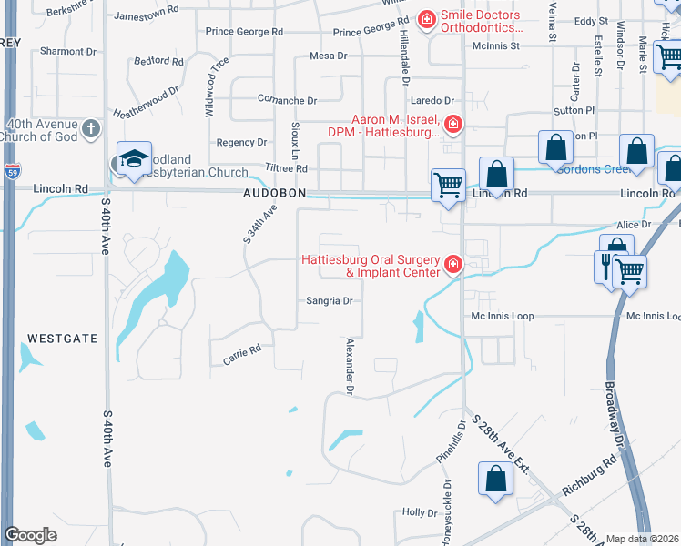 map of restaurants, bars, coffee shops, grocery stores, and more near 108 Candlewick Road in Hattiesburg