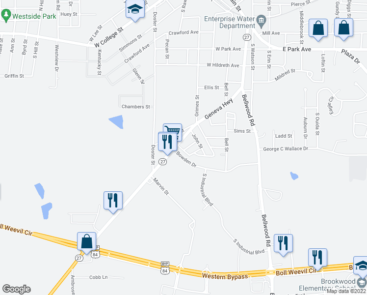 map of restaurants, bars, coffee shops, grocery stores, and more near 100 John Street in Enterprise