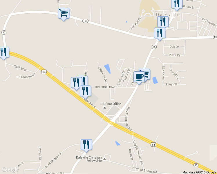 map of restaurants, bars, coffee shops, grocery stores, and more near 215 Lakeview Drive in Daleville