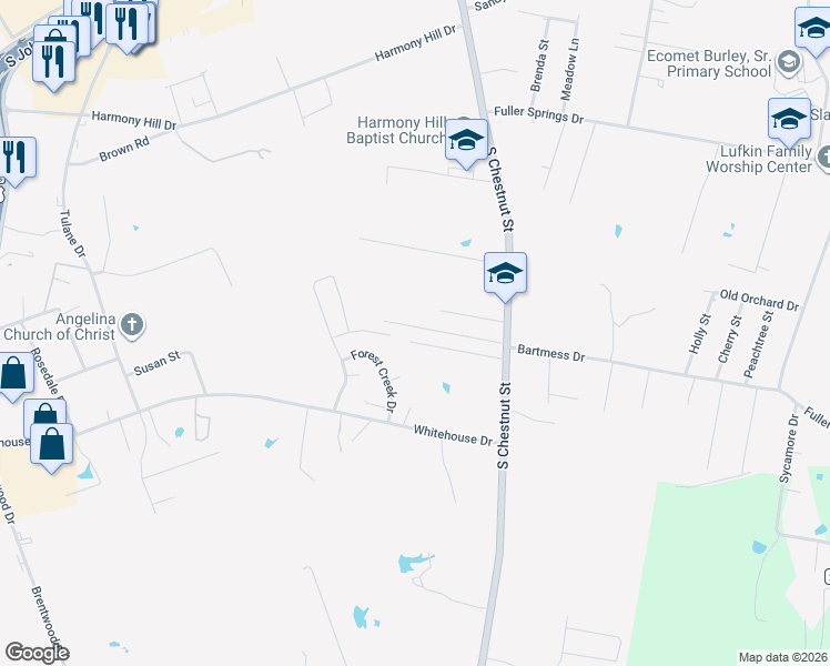 map of restaurants, bars, coffee shops, grocery stores, and more near 1217 Parkman Street in Lufkin