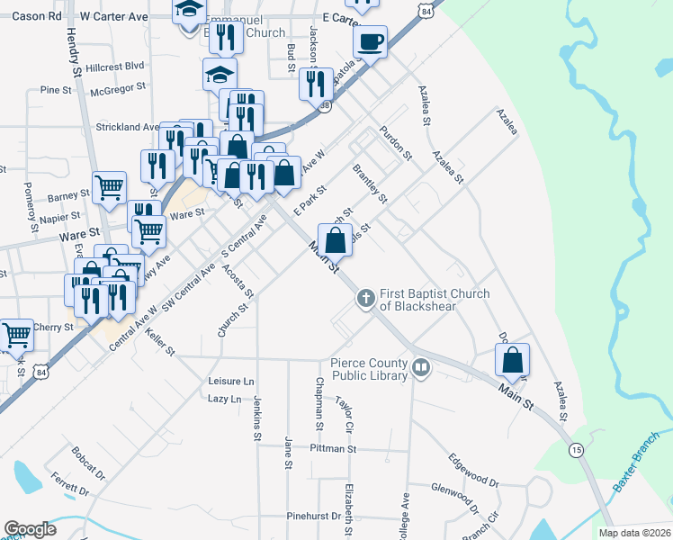 map of restaurants, bars, coffee shops, grocery stores, and more near 616 Main Street in Blackshear
