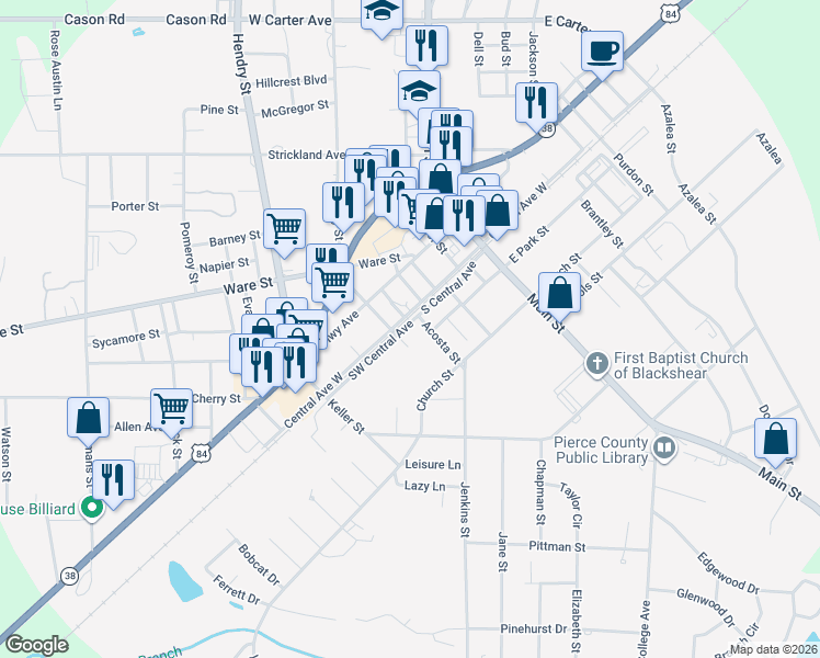 map of restaurants, bars, coffee shops, grocery stores, and more near 507 Central Avenue East in Blackshear