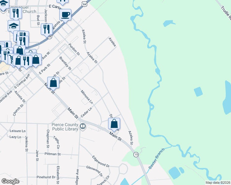 map of restaurants, bars, coffee shops, grocery stores, and more near 802 Azalea Street in Blackshear