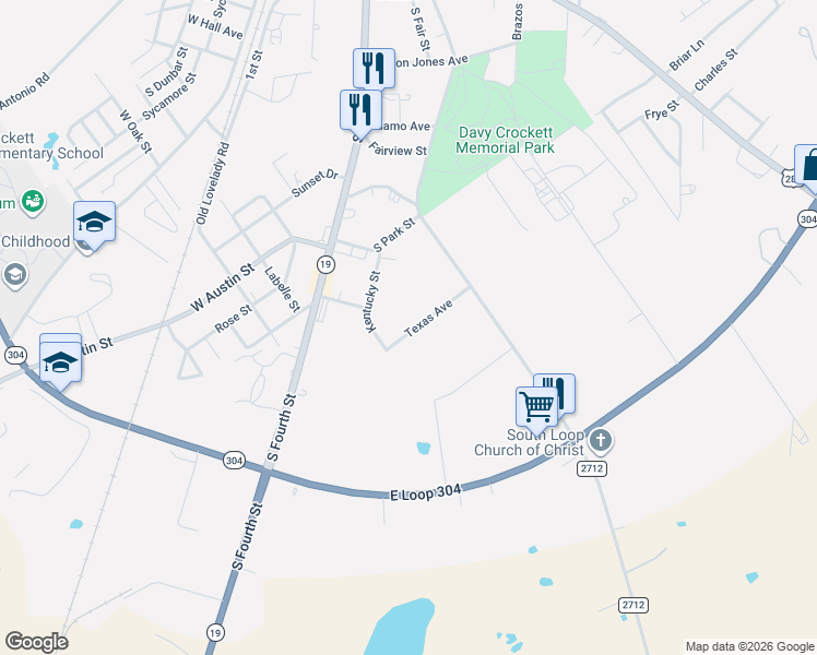 map of restaurants, bars, coffee shops, grocery stores, and more near 928 Texas Avenue in Crockett