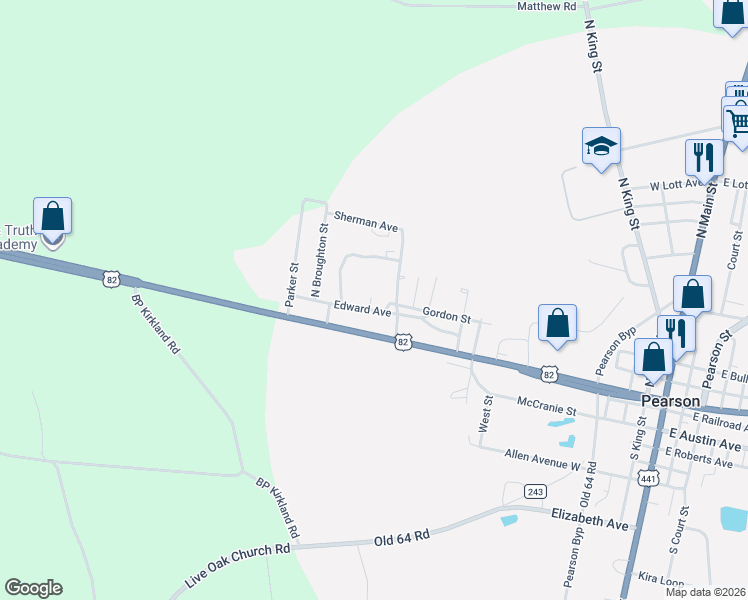 map of restaurants, bars, coffee shops, grocery stores, and more near 131 Virginia Street in Pearson