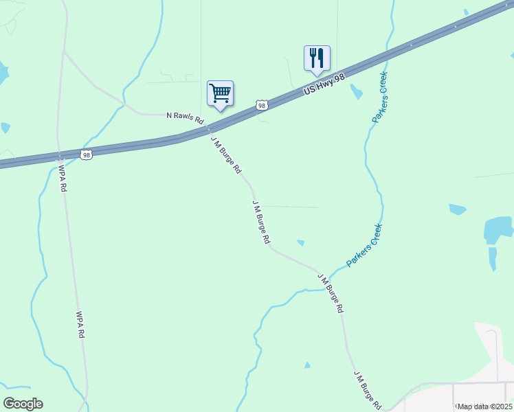 map of restaurants, bars, coffee shops, grocery stores, and more near 317 J M Burge Road in Hattiesburg