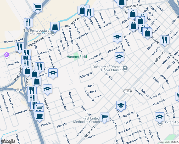 map of restaurants, bars, coffee shops, grocery stores, and more near 2414 Midway Street in Alexandria