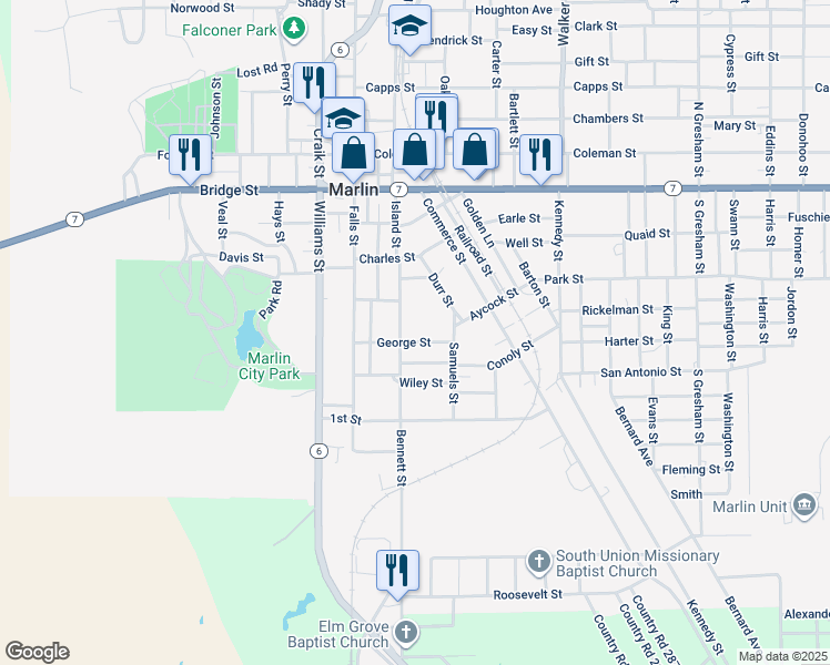 map of restaurants, bars, coffee shops, grocery stores, and more near 410 Bennett Street in Marlin