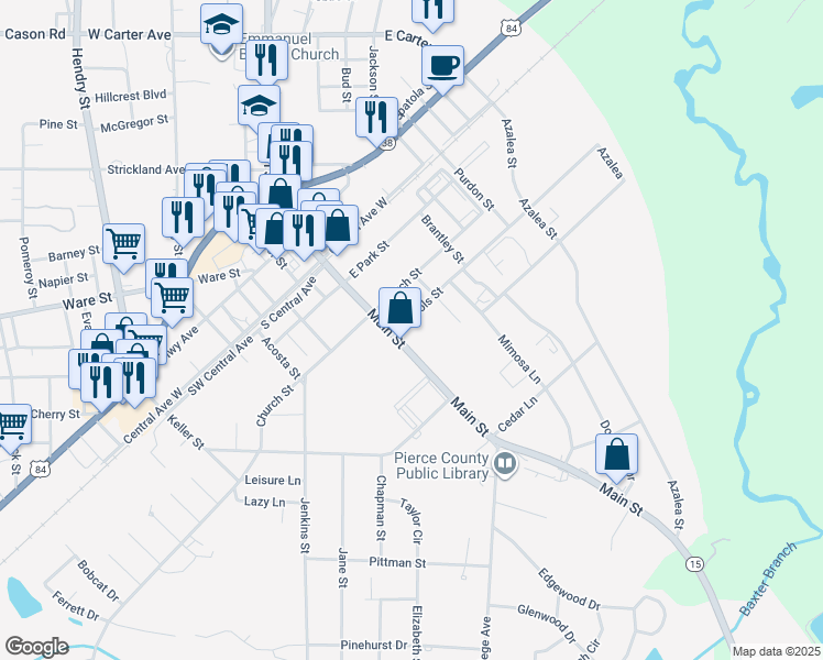 map of restaurants, bars, coffee shops, grocery stores, and more near 12 Nichols Street in Blackshear