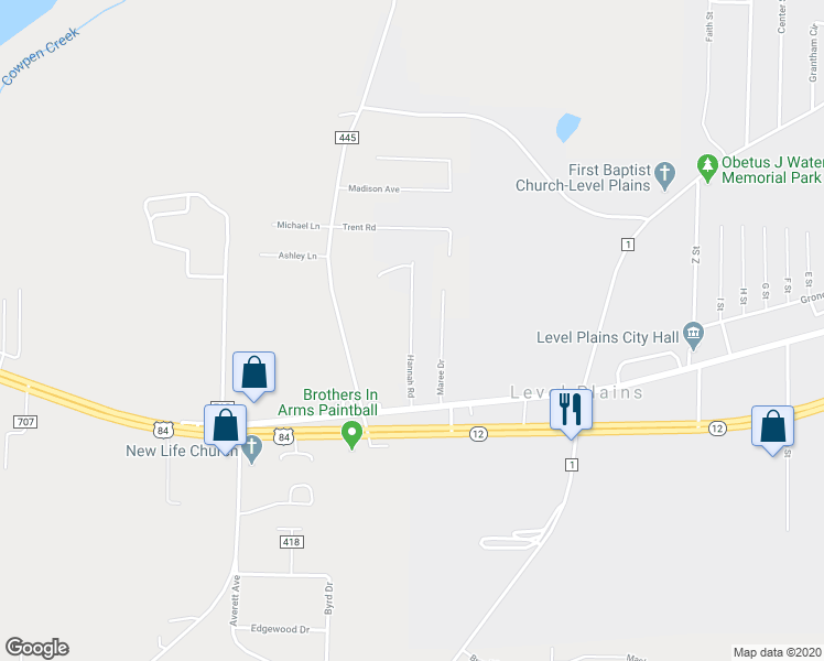 map of restaurants, bars, coffee shops, grocery stores, and more near 185 Hannah Road in Level Plains