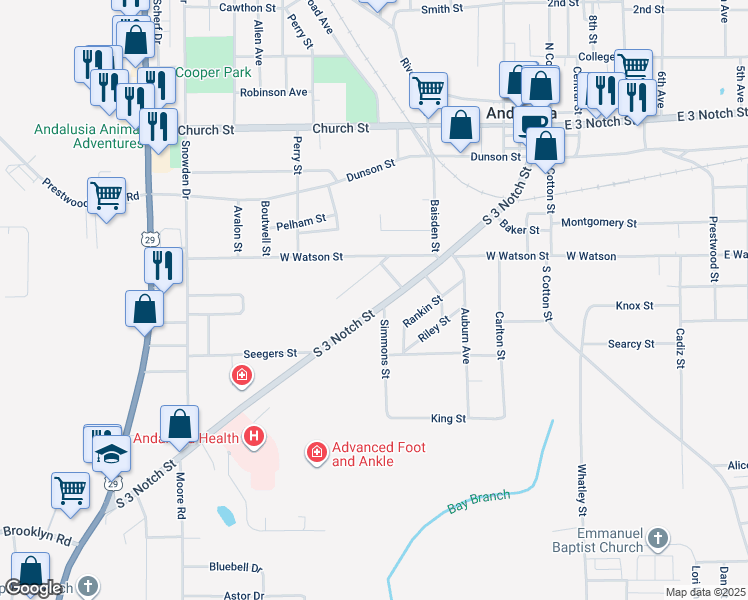 map of restaurants, bars, coffee shops, grocery stores, and more near 700 South 3 Notch Street in Andalusia