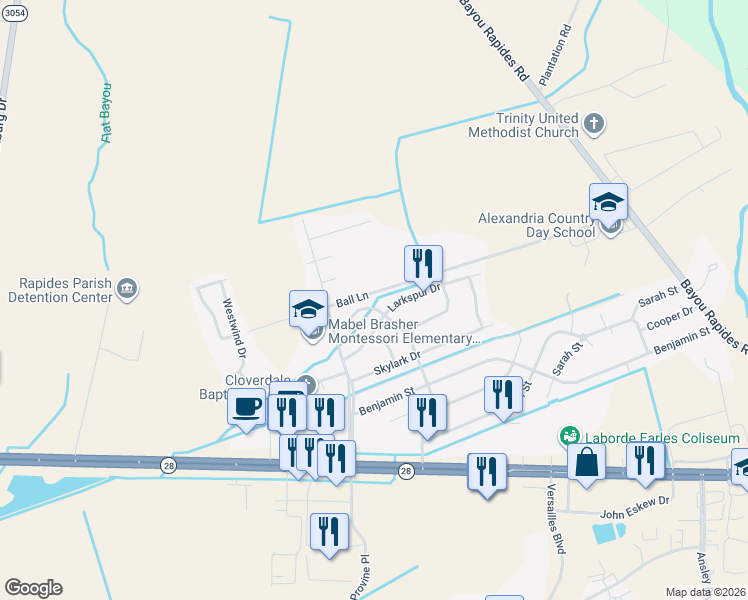 map of restaurants, bars, coffee shops, grocery stores, and more near 5950 Ball Lane in Alexandria