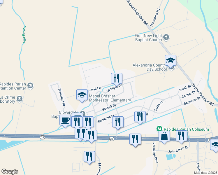 map of restaurants, bars, coffee shops, grocery stores, and more near 5814 Larkspur Drive in Alexandria