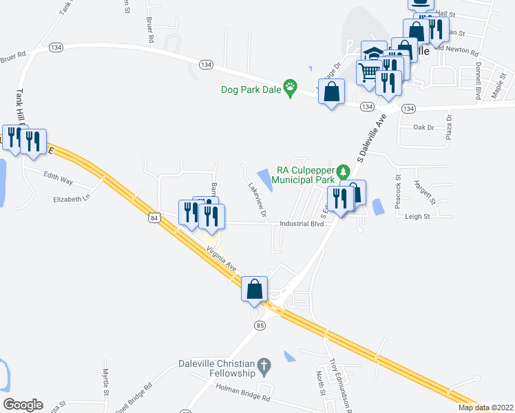 map of restaurants, bars, coffee shops, grocery stores, and more near 131 Lakeview Drive in Daleville