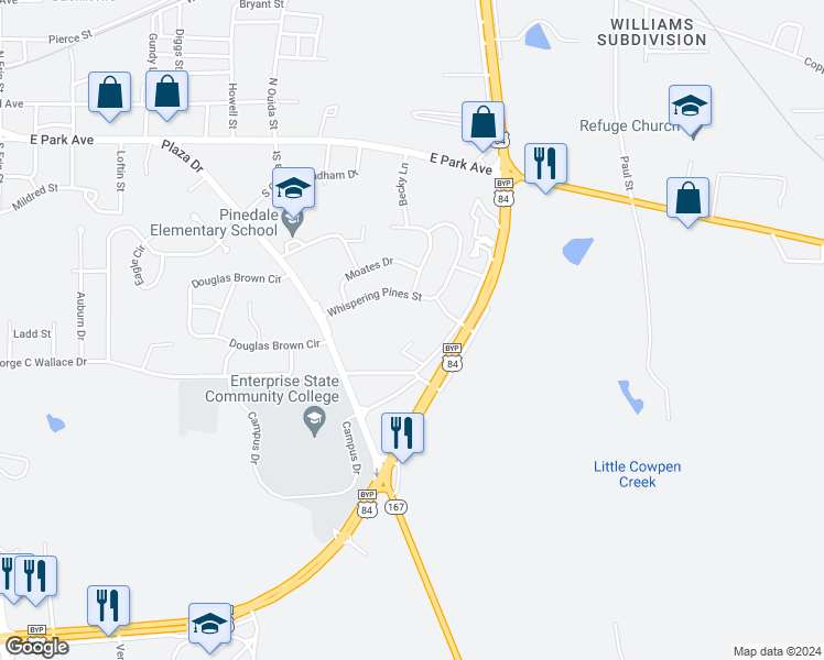 map of restaurants, bars, coffee shops, grocery stores, and more near 101 Cinema Drive in Enterprise