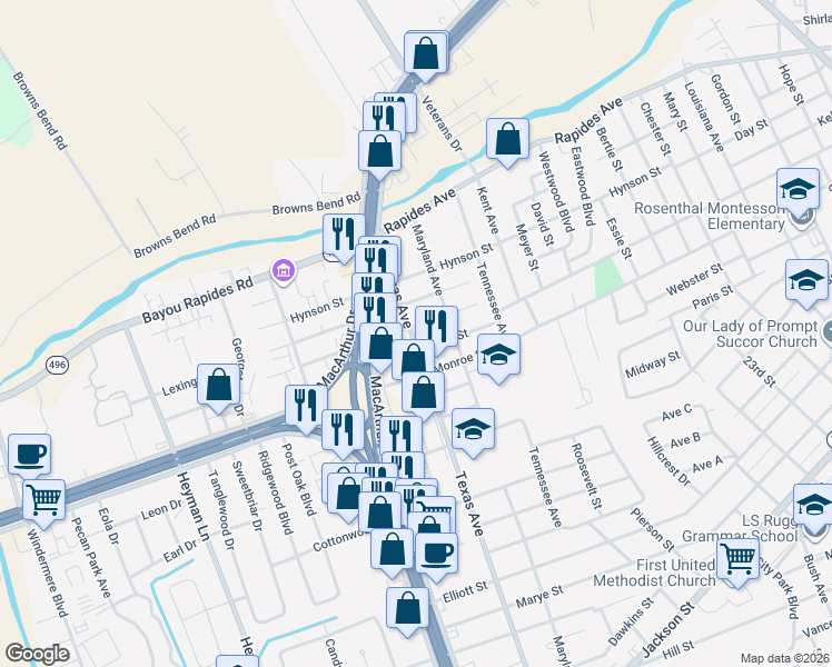 map of restaurants, bars, coffee shops, grocery stores, and more near 3233 Laurel Street in Alexandria