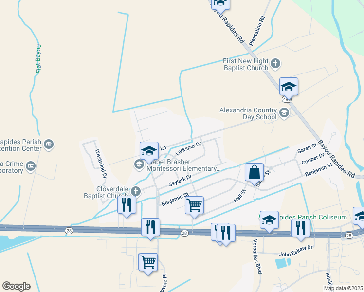 map of restaurants, bars, coffee shops, grocery stores, and more near 5814 Larkspur Drive in Alexandria