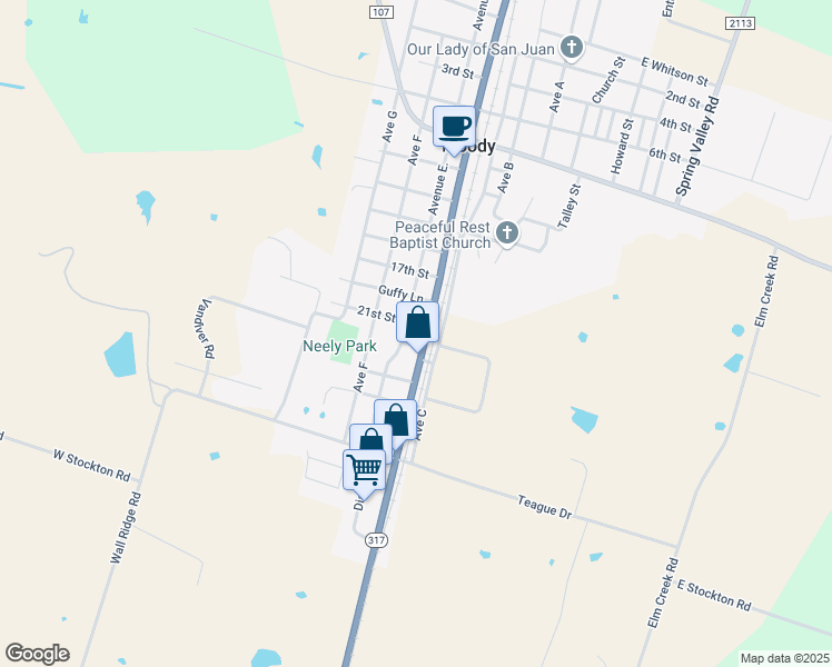 map of restaurants, bars, coffee shops, grocery stores, and more near 1303 Avenue East in Moody