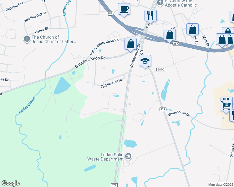 map of restaurants, bars, coffee shops, grocery stores, and more near 2406 Southwood Drive in Lufkin