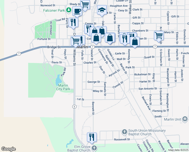 map of restaurants, bars, coffee shops, grocery stores, and more near 410 Bennett Street in Marlin