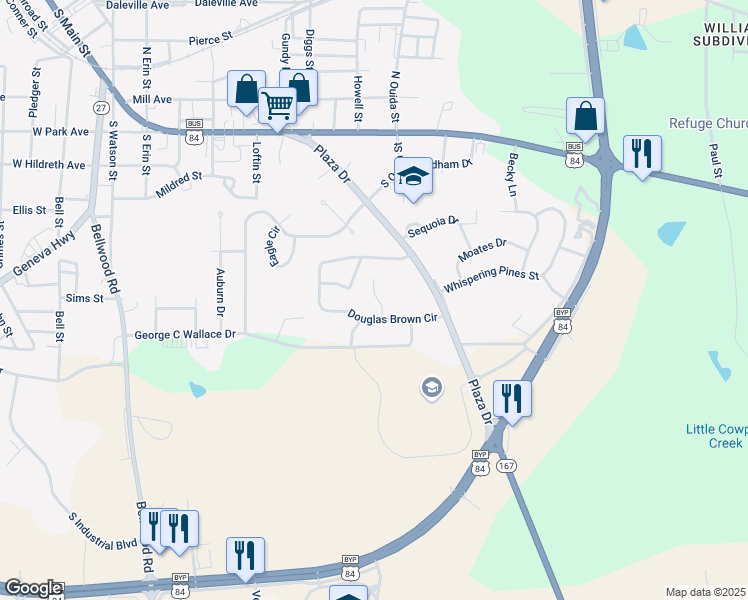 map of restaurants, bars, coffee shops, grocery stores, and more near 13 Retirement Lane in Enterprise