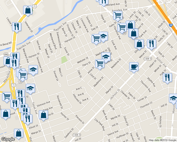 map of restaurants, bars, coffee shops, grocery stores, and more near 2236 Alma St in Alexandria