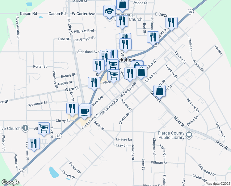 map of restaurants, bars, coffee shops, grocery stores, and more near 412 Central Avenue West in Blackshear