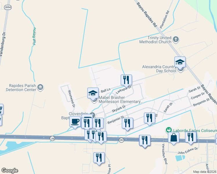 map of restaurants, bars, coffee shops, grocery stores, and more near 5950 Ball Lane in Alexandria