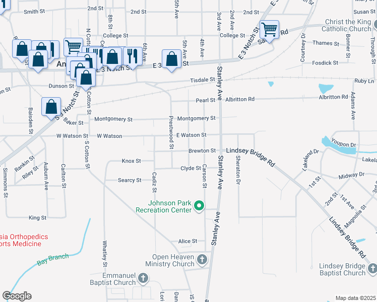 map of restaurants, bars, coffee shops, grocery stores, and more near 601 Williams Street in Andalusia