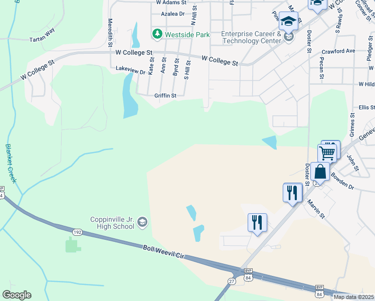 map of restaurants, bars, coffee shops, grocery stores, and more near 430 Doster Street in Enterprise