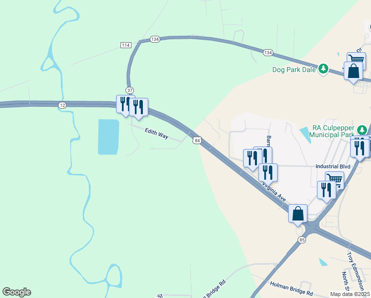 map of restaurants, bars, coffee shops, grocery stores, and more near 270 Edith Way in Daleville