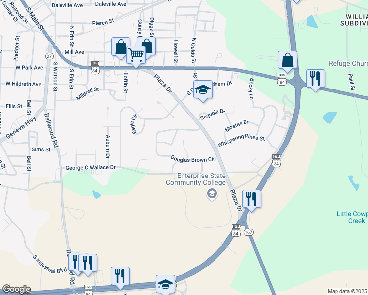 map of restaurants, bars, coffee shops, grocery stores, and more near 13 Retirement Lane in Enterprise