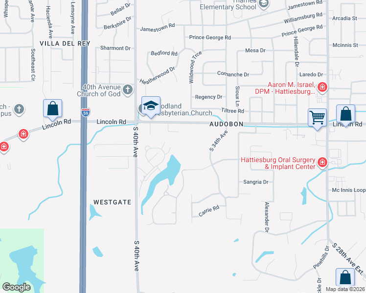map of restaurants, bars, coffee shops, grocery stores, and more near 106 40th Place Circle in Hattiesburg