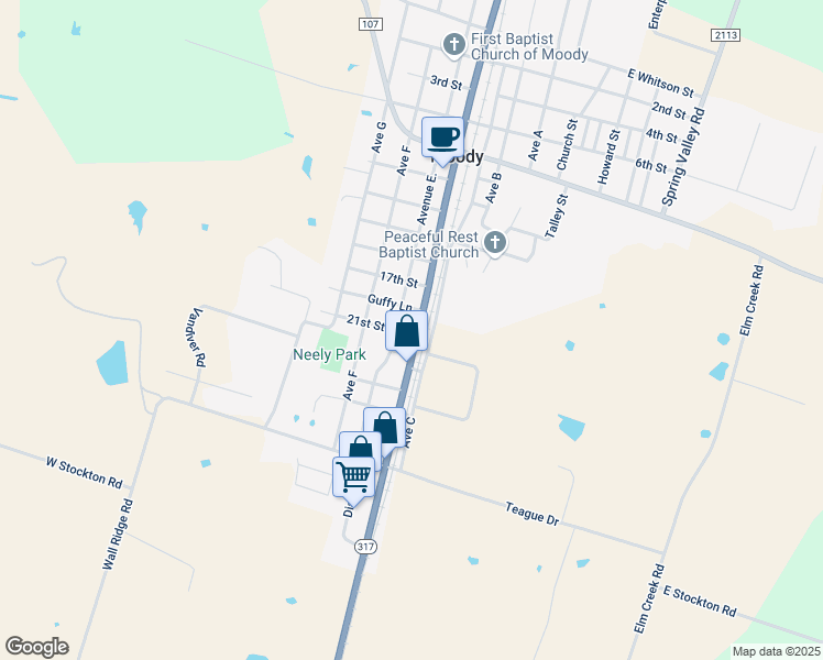 map of restaurants, bars, coffee shops, grocery stores, and more near 1303 Avenue East in Moody
