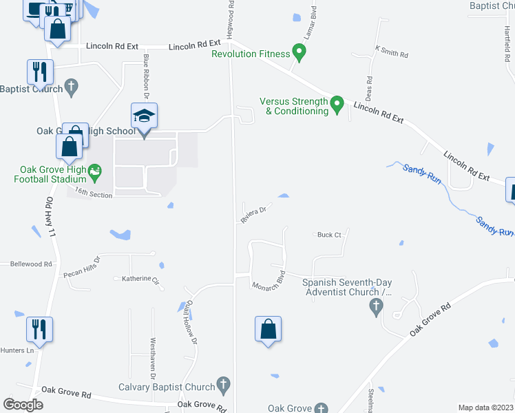 map of restaurants, bars, coffee shops, grocery stores, and more near 21 Riviera Drive in Hattiesburg